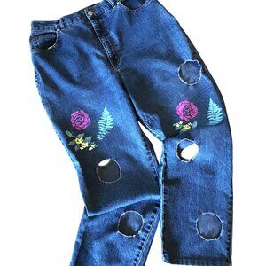 Upcycled Jeans w/Cut-Outs, Painted Flower Funky Pants, Size 16 Short
